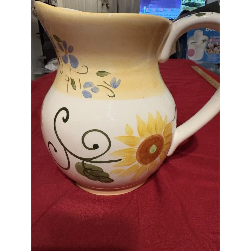 Vintage FTD Floral Ceramic Pitcher Sunflower Iris Flower Vase Home Decor 7